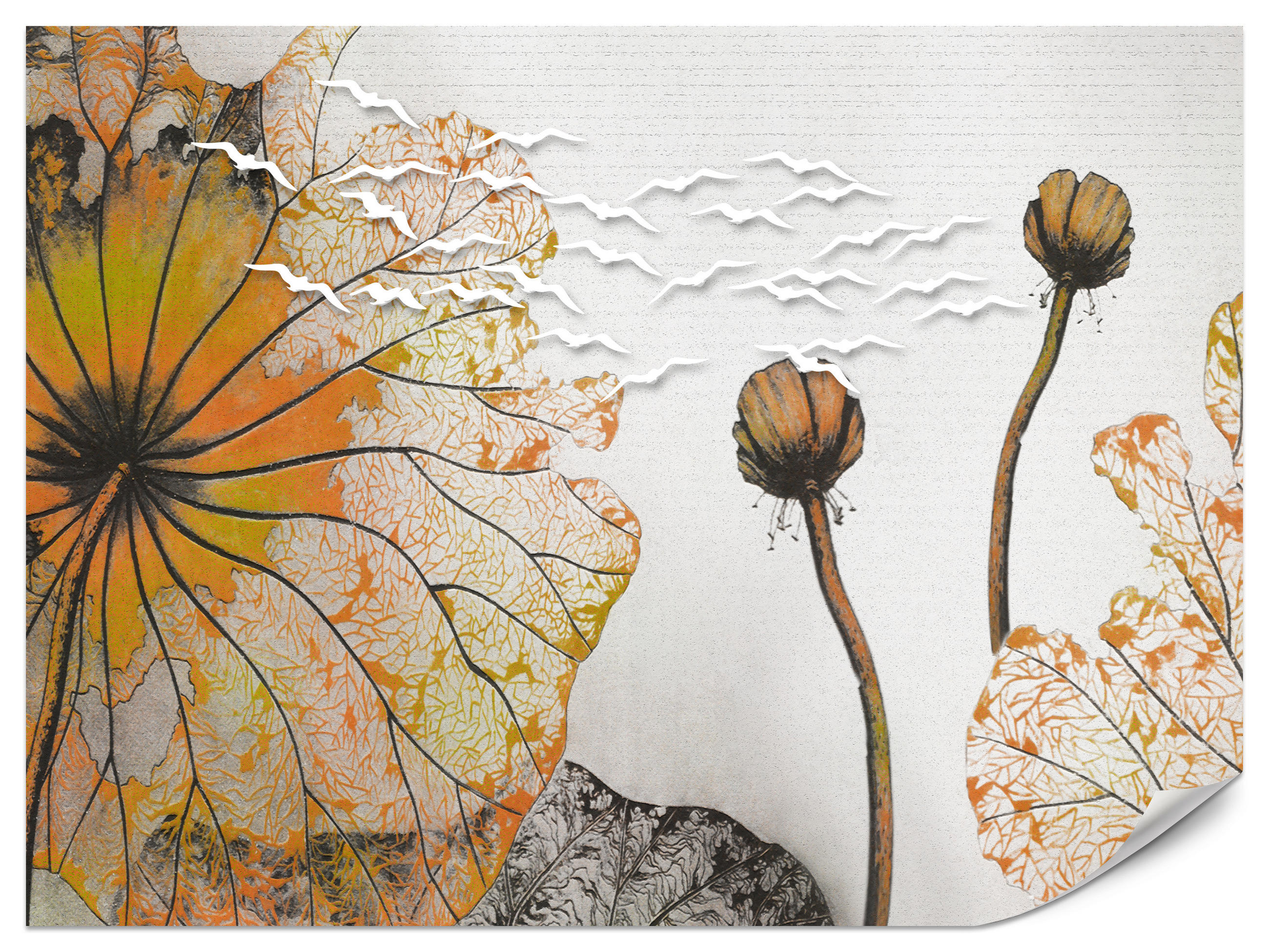 FOTOTAPETE für Esszimmer Große Abstrakte Orange Blumen Blätter 100x70 - Gelb/Orange, Papier (100/70cm) - Muralo