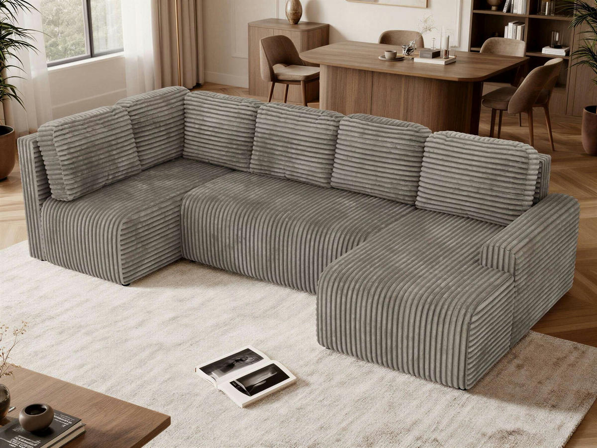 SEDACÍ SOUPRAVA NESSARO COR U Světle hnědá Manšestr - Vlevo - černá/světle hnědá, textil/plast (307/92/151cm) - MKS
