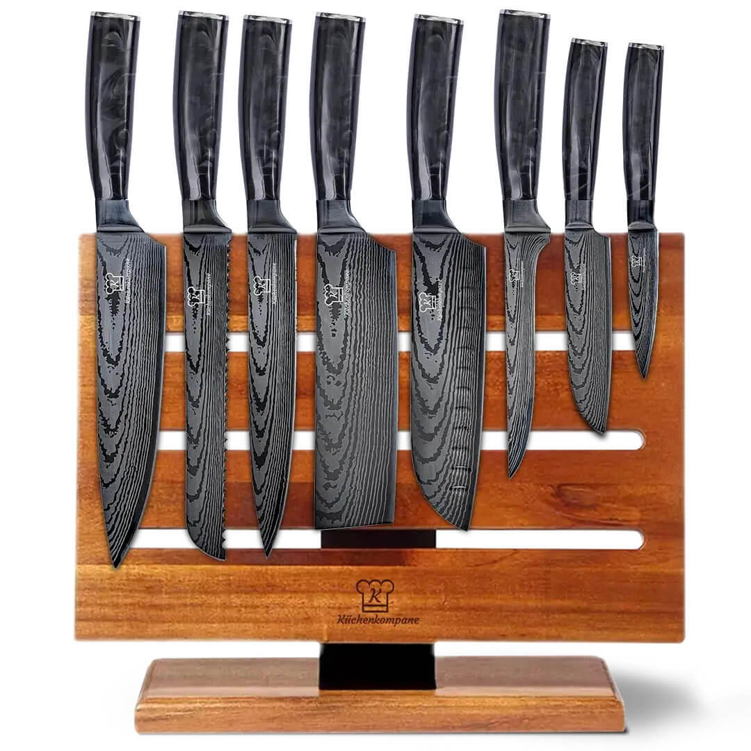 MESSER-SET 9-tlg. mit magnetischem Holz-Messerblock und Edelstahlklingen - Schwarz/Braun, Holz - Küchenkompane