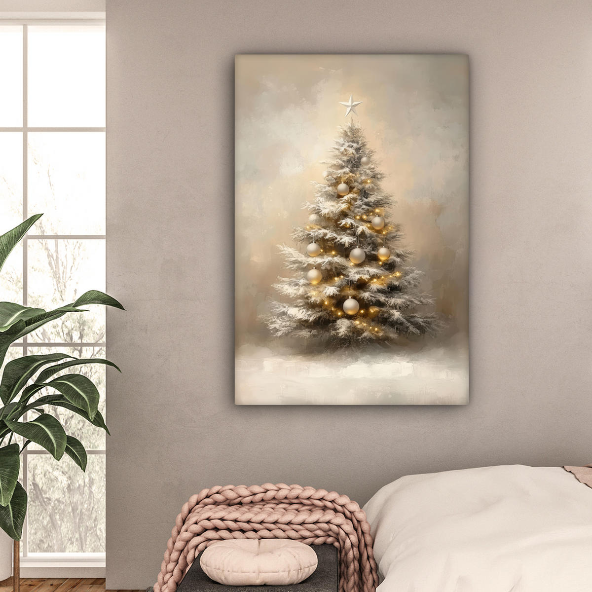 LEINWANDBILD Weihnachten - Weihnachtsbaum - Schnee - Kunst 90x140 cm - Champagner, Textil (90/140cm) - MuchoWow
