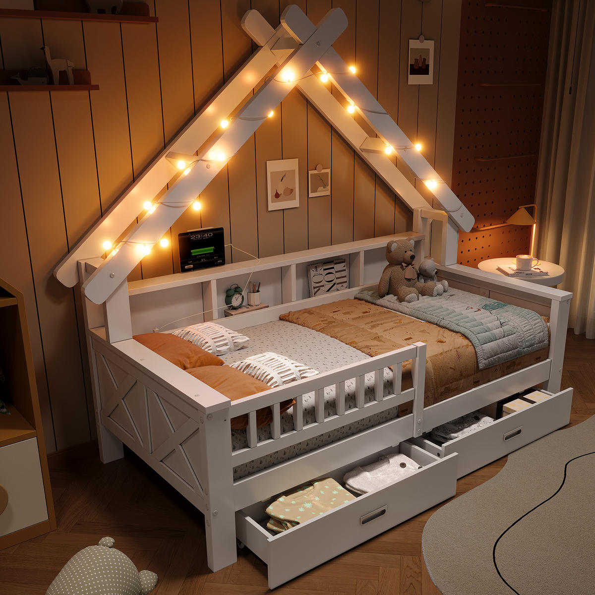 HAUSBETT 90/200 cm in Weiß mit LED, 2 Schubladen und Regal - Weiß, Holz/Holzwerkstoff (90/200cm) - WISHDOR