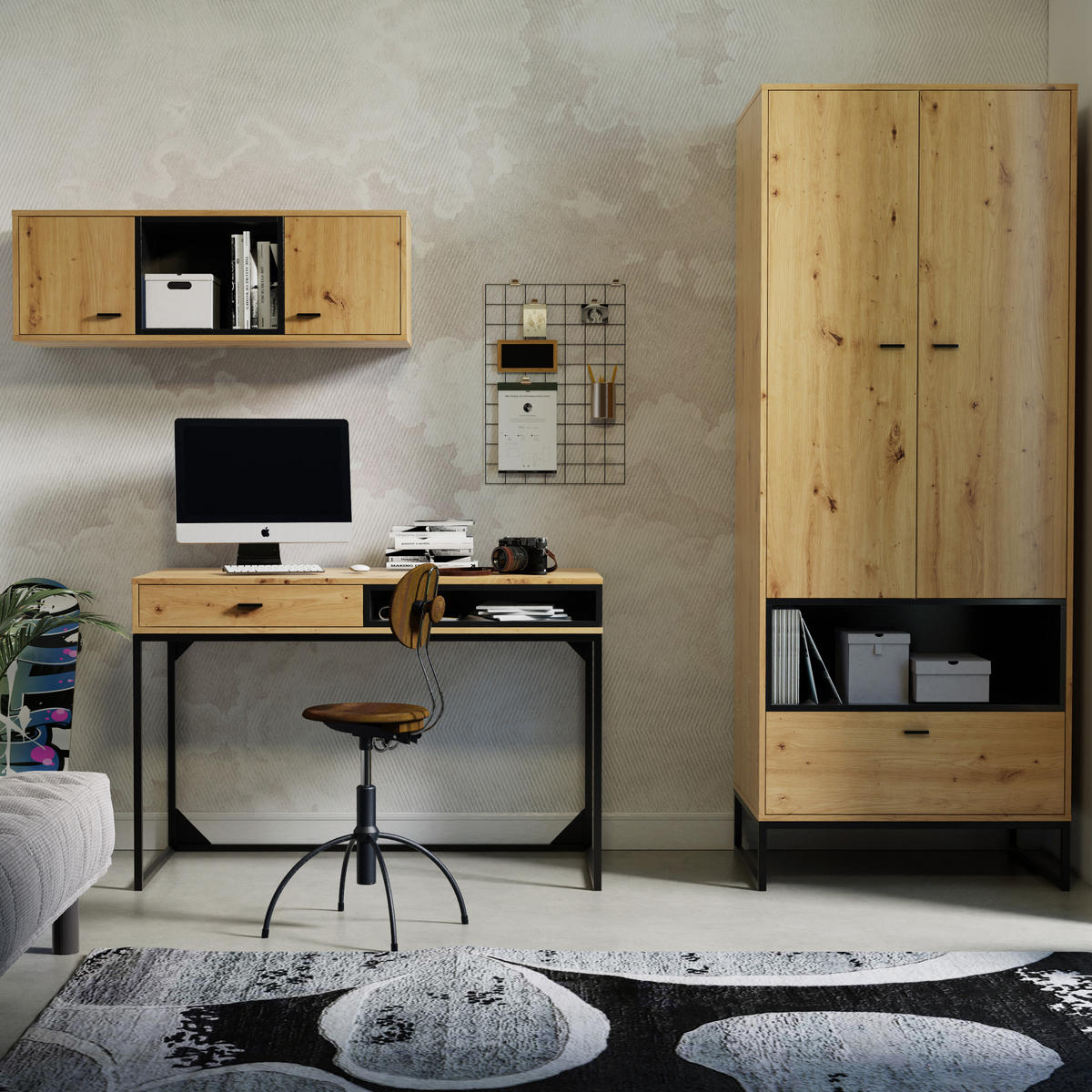 BÜCHERREGAL OMAN mit 2 Schubladen, eiche Artisan+Schwarz - Schwarz/Eiche Artisan, Holzwerkstoff/Metall (60/202/40cm) - Beautysofa