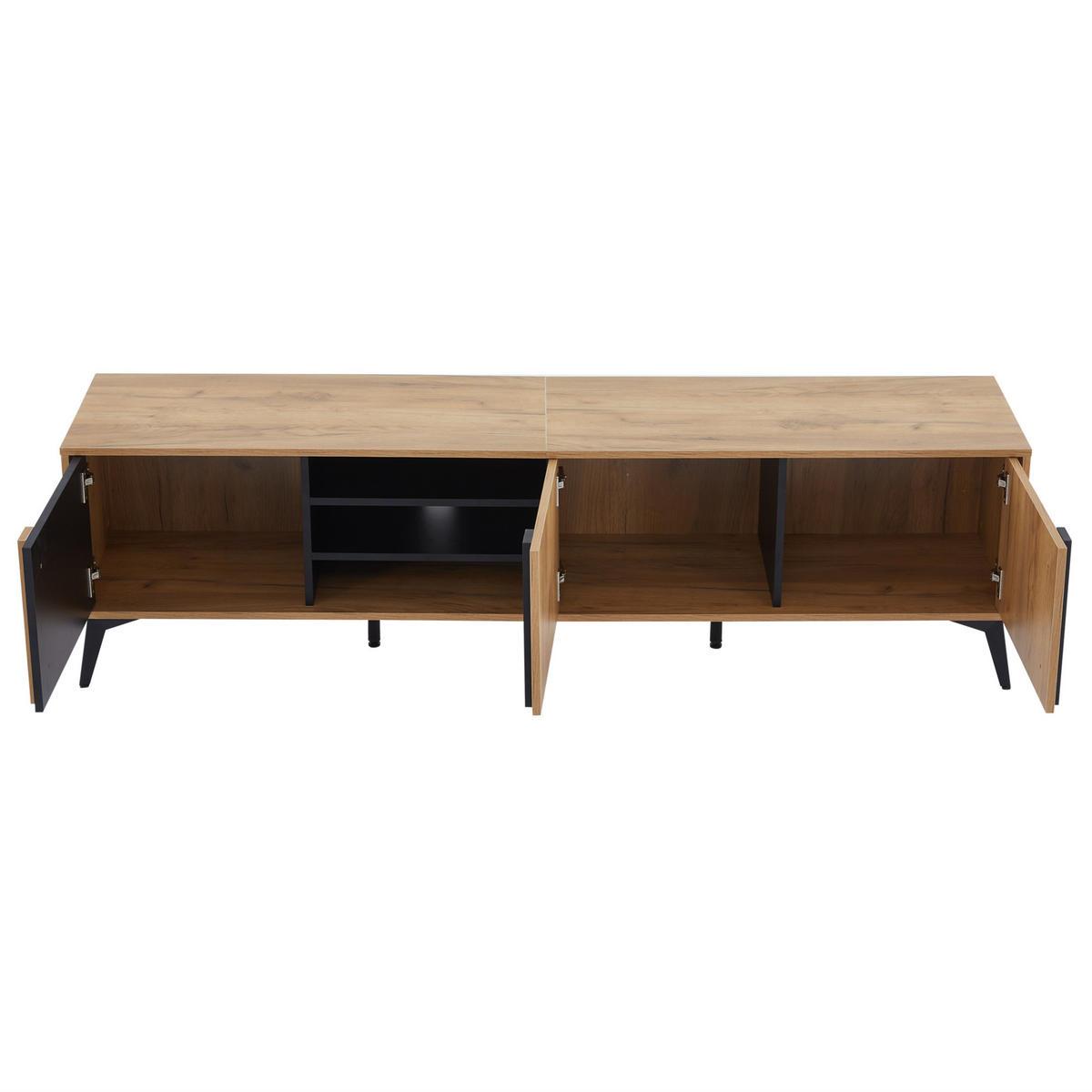 TV-LOWBOARD aus Spanplatte 180x40x50 cm Braun/Schwarz mit 3 Türen, 4 offenen Fächern und Kabelmanagement im rustikalen Stil - Schwarz, Holzwerkstoff (180/50/40cm) - Modfu