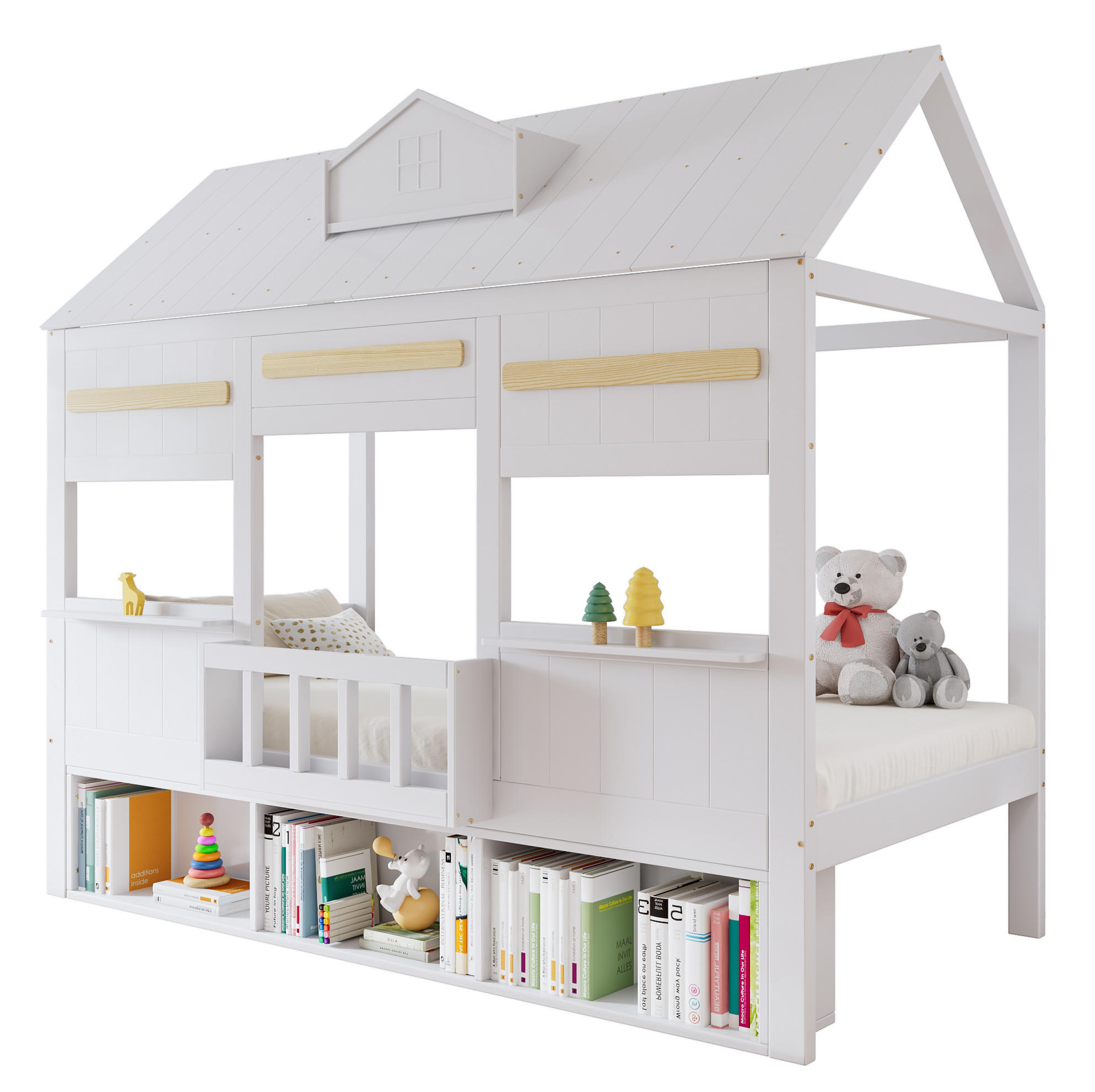 HOCHBETT 90/200 cm in Weiß – mit Bücherregal und Lattenrost - Weiß, Holz (90/200cm) - BEAOK