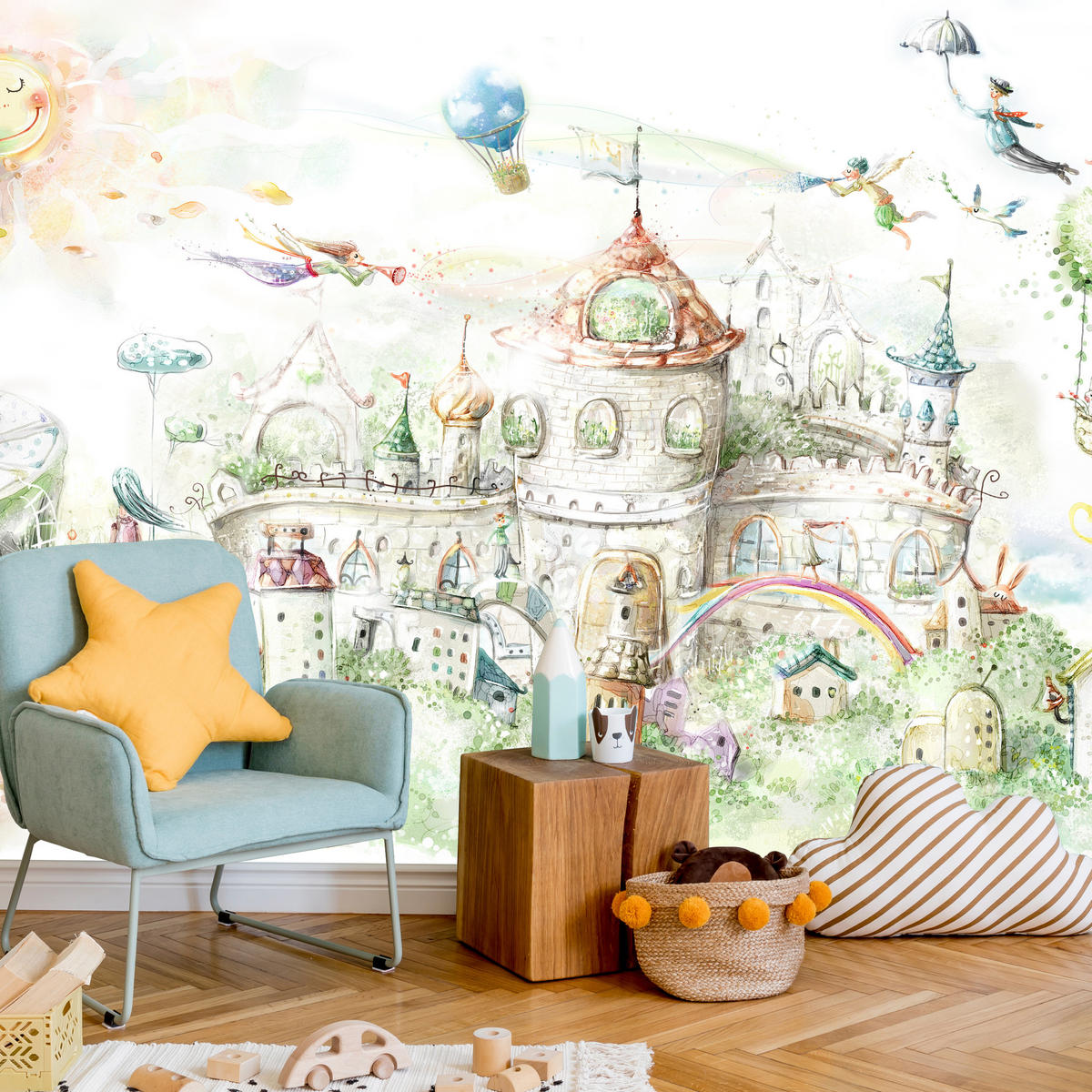 FOTOTAPETE für Kinderzimmer Märchenstadt Schloss Magisch 350x256 - Blau/Gelb, Papier (350/256cm) - Muralo