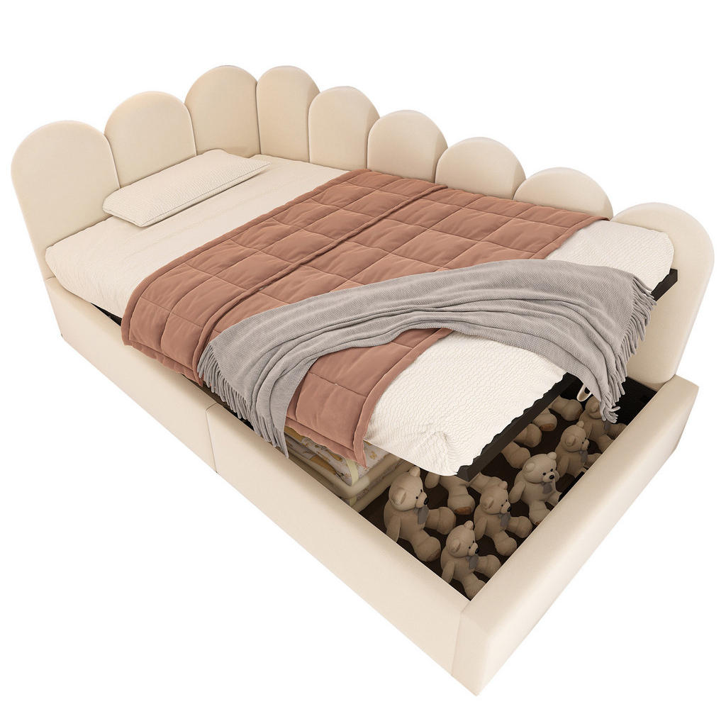OKWISH DENNÍ postel 90/190 cm béžová z sametu s hydraulickým úložným prostorem a kovovým roštem