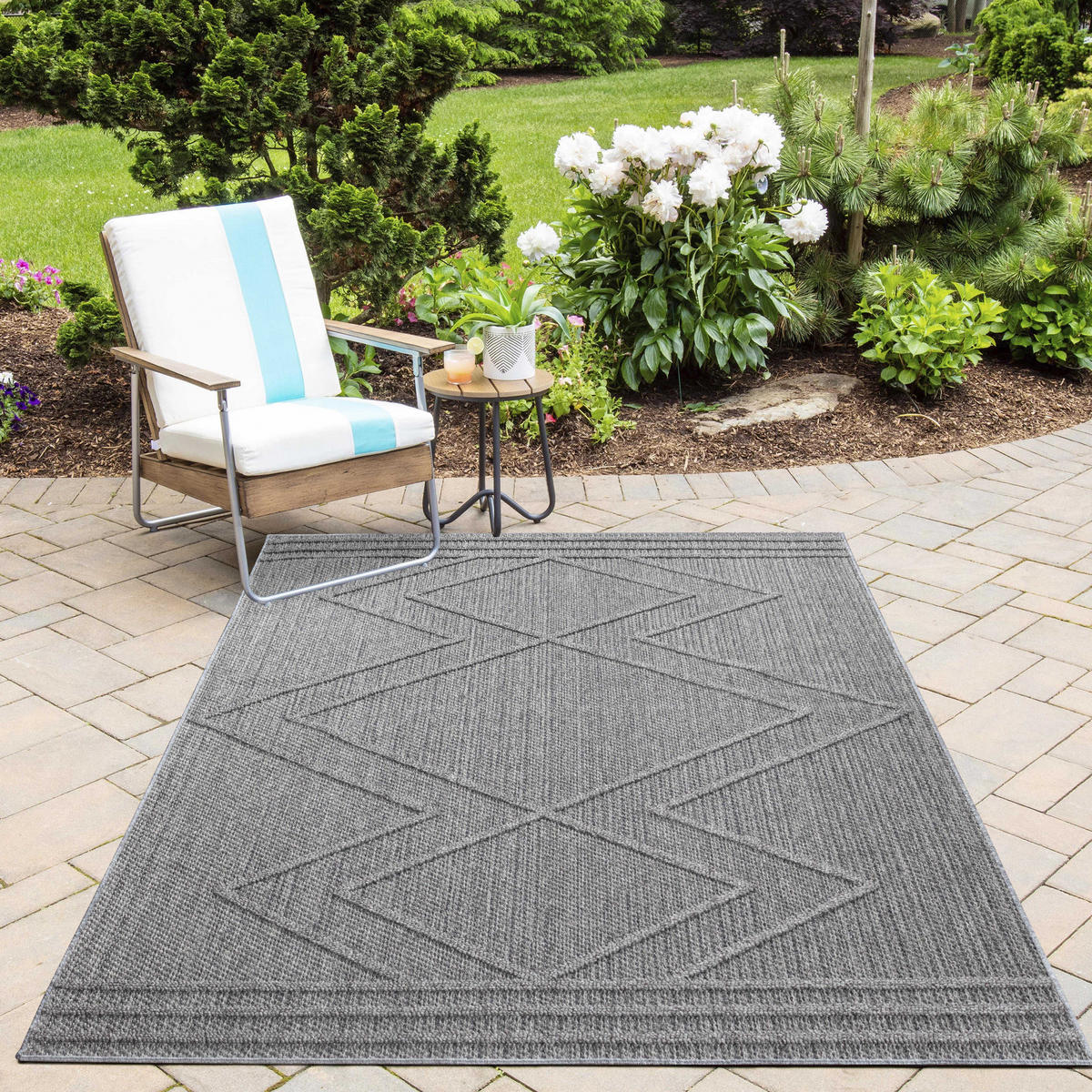 TEPPICH Outdoor Flachgewebe Boho-Muster Polypropylen Küche Grau Rechteckig 120x170 - Grau, Textil (120/170cm) - KADIMA DESIGN