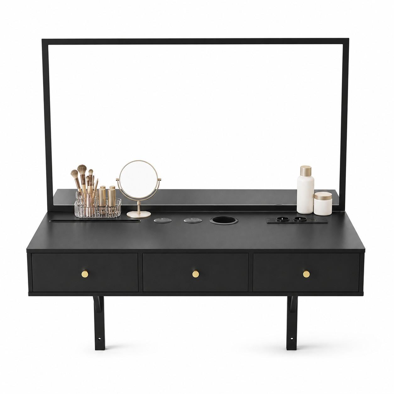 SCHMINKTISCH in Schwarz Frisiertisch mit Spiegel, Steckdosen, 3 Schubladen, Tablet-Halter, B100/T45/H105cm - Schwarz, Holzwerkstoff/Metall (100/105/45cm) - STILVORA