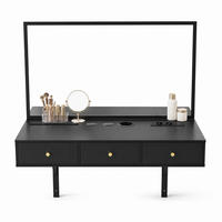 SCHMINKTISCH in Schwarz Frisiertisch mit Spiegel, Steckdosen, 3 Schubladen, Tablet-Halter, B100/T45/H105cm - Schwarz, Holzwerkstoff/Metall (100/105/45cm) - STILVORA