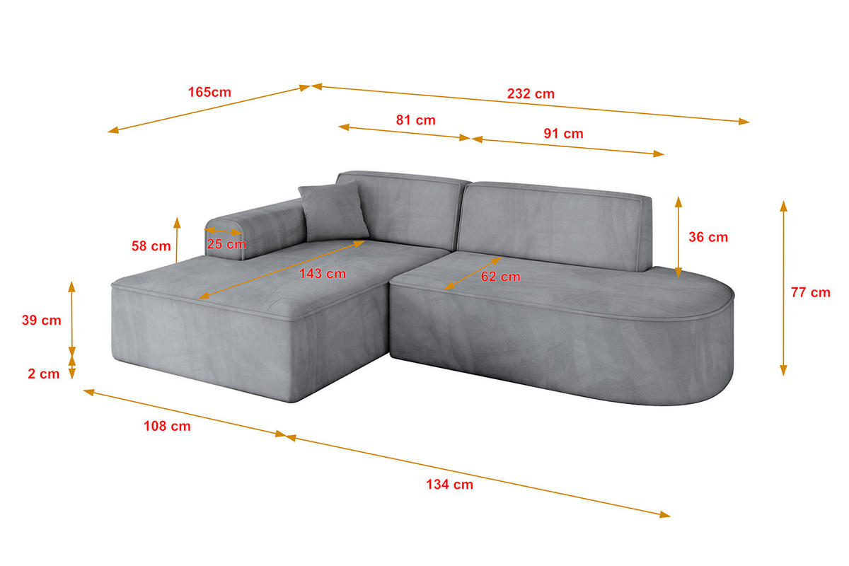 ECKSOFA Ottomane Links IREA-L1-v3 - 232x165x77 cm Grau - Titanfarben, Holzwerkstoff/Textil (232/165cm) - ALTDECOR