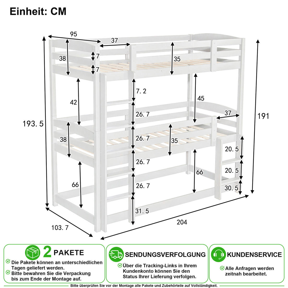 ETAGENBETT 90/200 cm & 90/200 cm in Weiß als Dreierbett mit 2 Leitern - Weiß, Holz/Holzwerkstoff (90/200cm) - CHICFURN