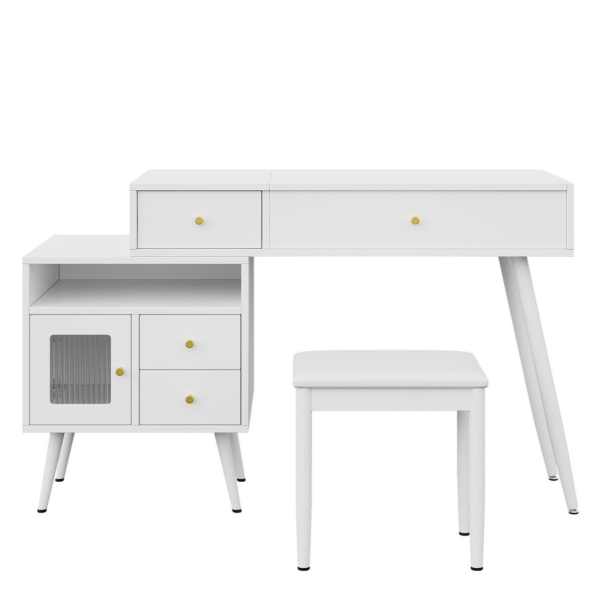 SCHMINKTISCH Set mit Hocker LED Spiegel Metallgriffe Modern - Weiß, Holzwerkstoff (120/77.5/50cm) - FLIEKS