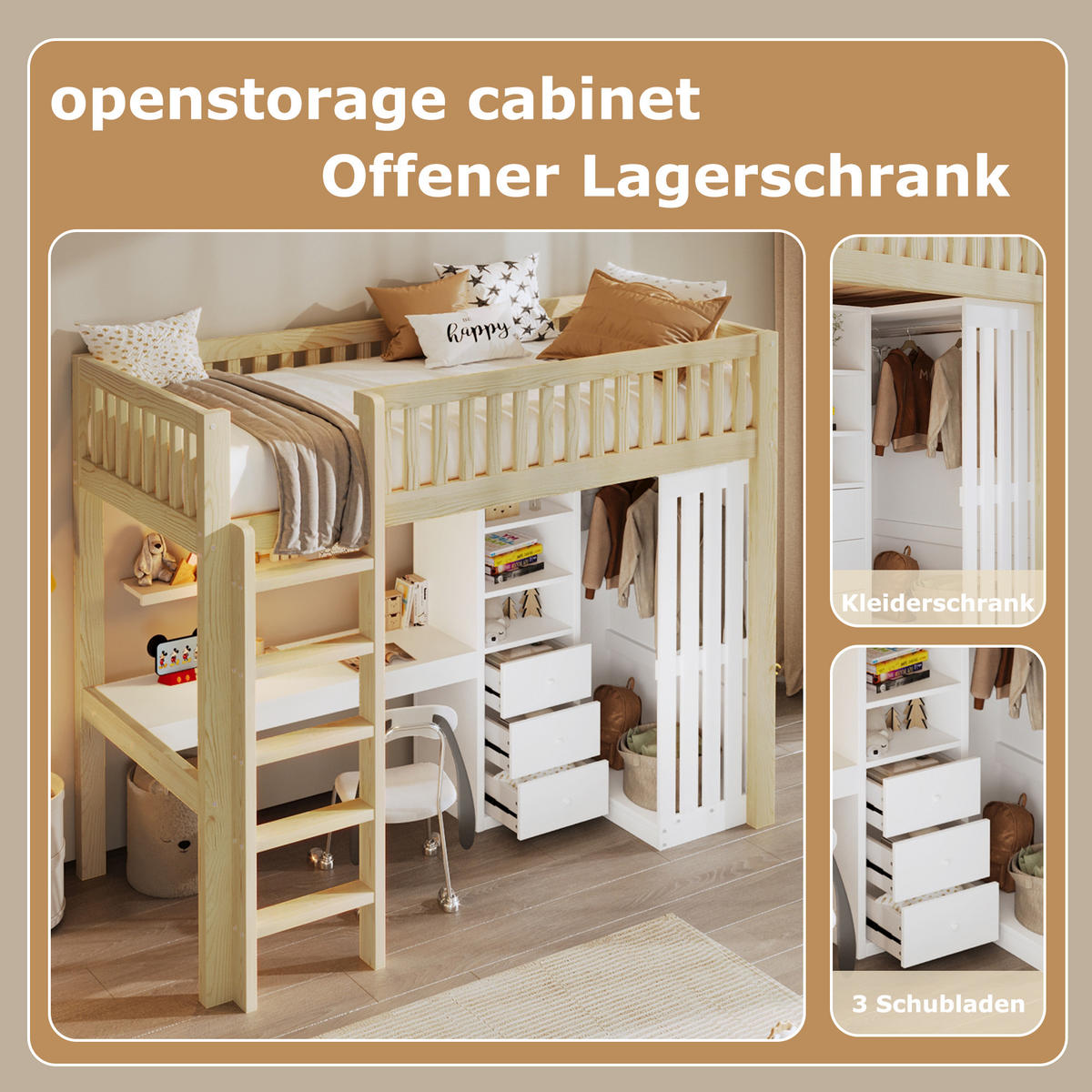 HOCHBETT 90x200cm Natur Holz Schreibtisch Kleiderschrank 3 Schubladen - Naturfarben, Holz (90/200cm) - FLIEKS