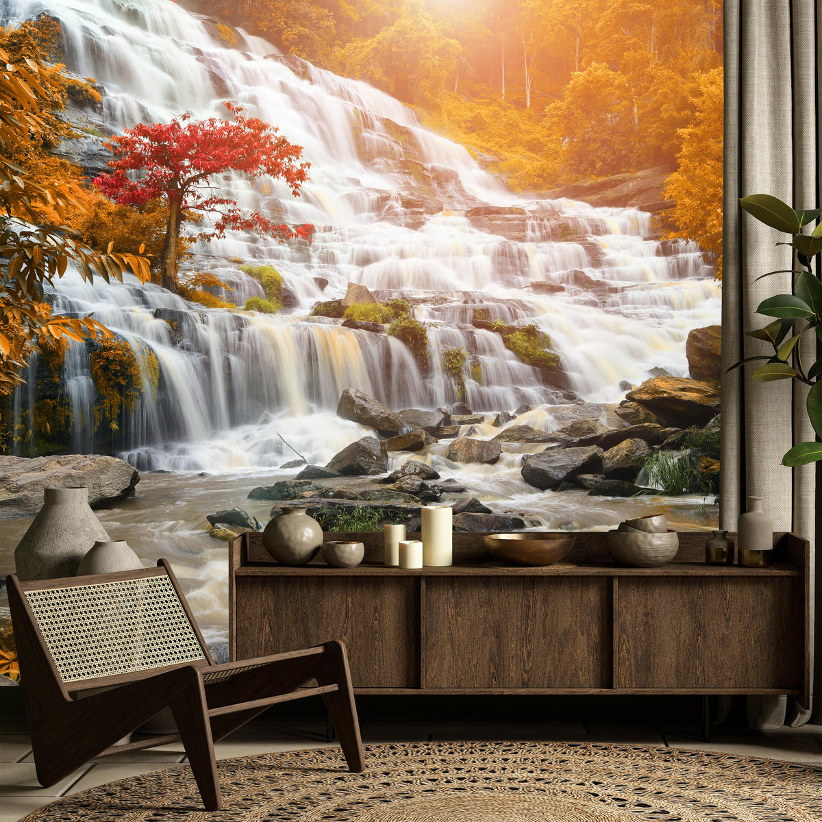 FOTOTAPETE für Küche Herbstlicher Wasserfall Bäume Blätter Felsen 400x280 - Beige/Orange, Papier (400/280cm) - Muralo