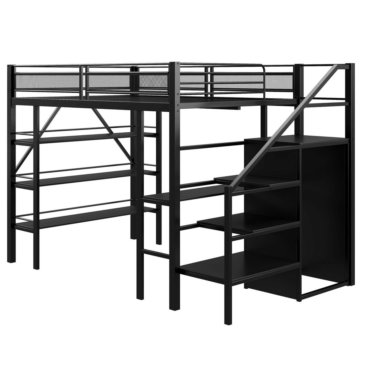 HOCHBETT 140/200 cm Schwarz mit Schreibtisch und Ablageregal aus Metall - Schwarz, Metall (140/200cm) - OKWISH