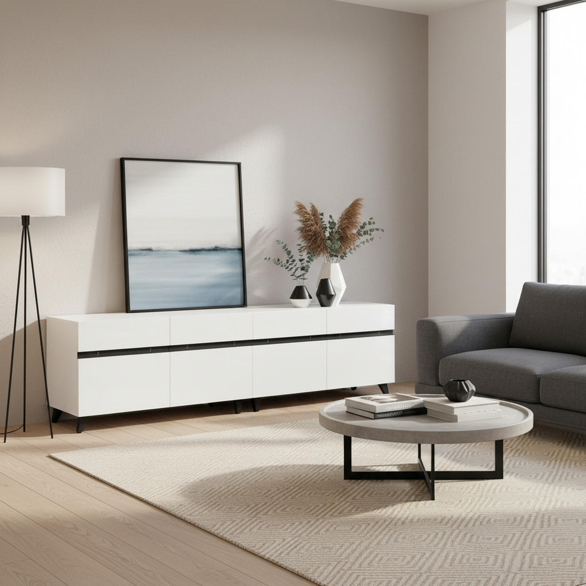 TV-SCHRANK 180 cm Hochglanz mit 4 Schränken & 8 Tischbeinen Für 80-Zoll Fernseher, verstellbare Trennwände, Stauraum - Weiß, Holzwerkstoff (180/49/40cm) - Urban Meuble