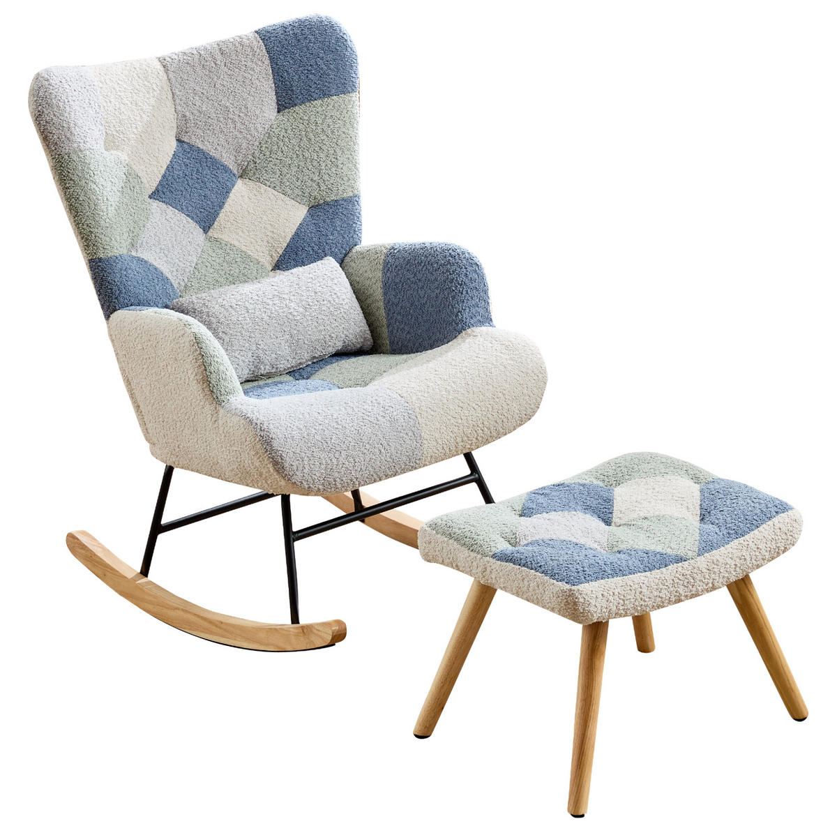 SCHAUKELSTUHL 122/68/91 cm in Beige/Blau mit Fußhocker und Wippfunktion - Multicolor, Textil (68/91/122cm) - Flora Grace
