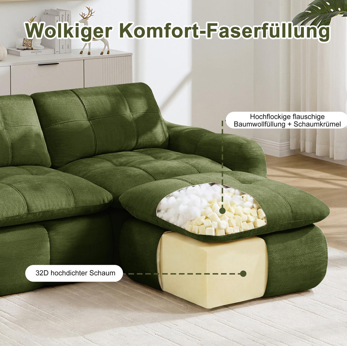 SOFA 194/160/68 cm in Grün aus Chenille, rahmenlos und montagefrei - Grün, Textil (160/68/194cm) - Flora Grace