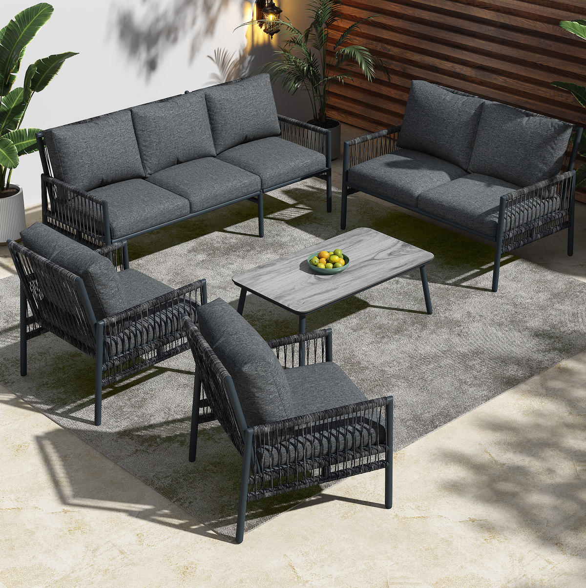 LOUNGE-SET 173/54/77 cm grau aus PE-Rattan mit Tisch und waschbaren Kissen - Grau, Metall - OKWISH