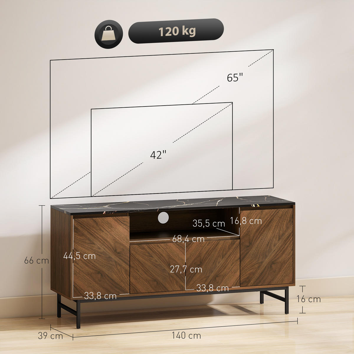 LOWBOARD Nussbaumfarben/Schwarz 140/39/66 cm, Marmor-Optik, Metallfüße - Walnussfarben, Holzwerkstoff (140/66/39cm) - PANGIVO