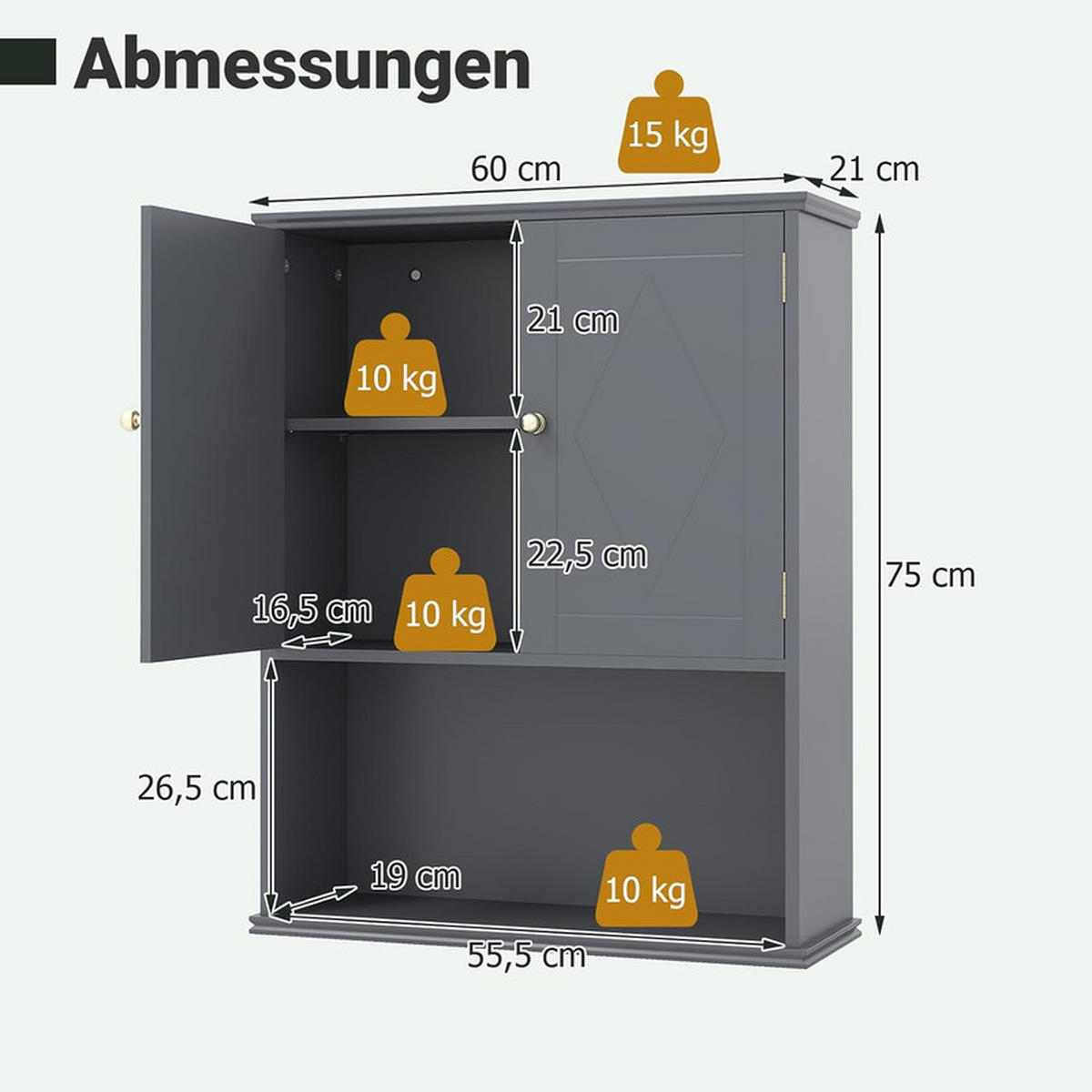 BAD-HÄNGESCHRANK mit 2 Türen grau - Grau, Holzwerkstoff (60/75/21cm) - COSTWAY