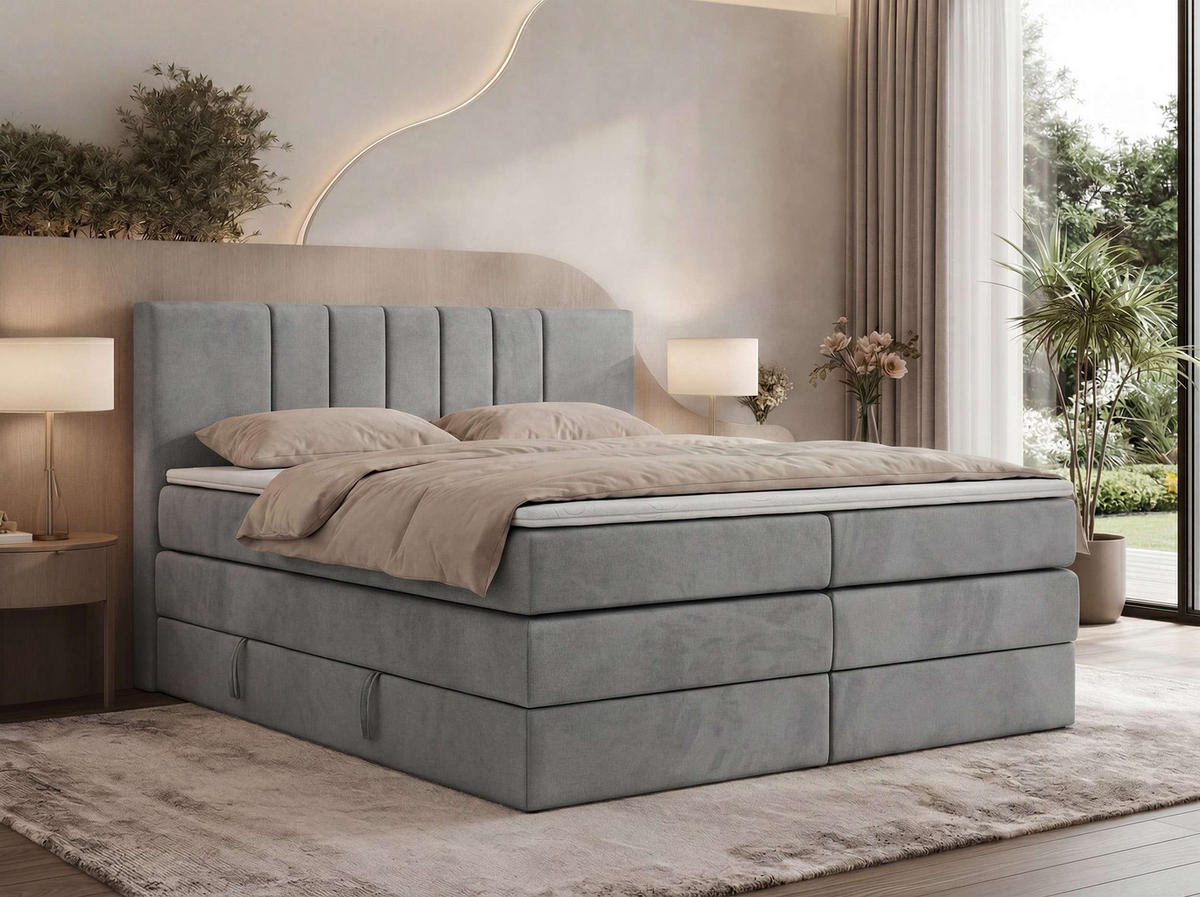 BOXSPRINGOVÁ POSTEĽ INERO KING 180/200 - Svetlosivá Samet - Topper T25 - H4 (tvrdý) - čierna/svetlosivá, textil/plast (180/200cm) - MKS