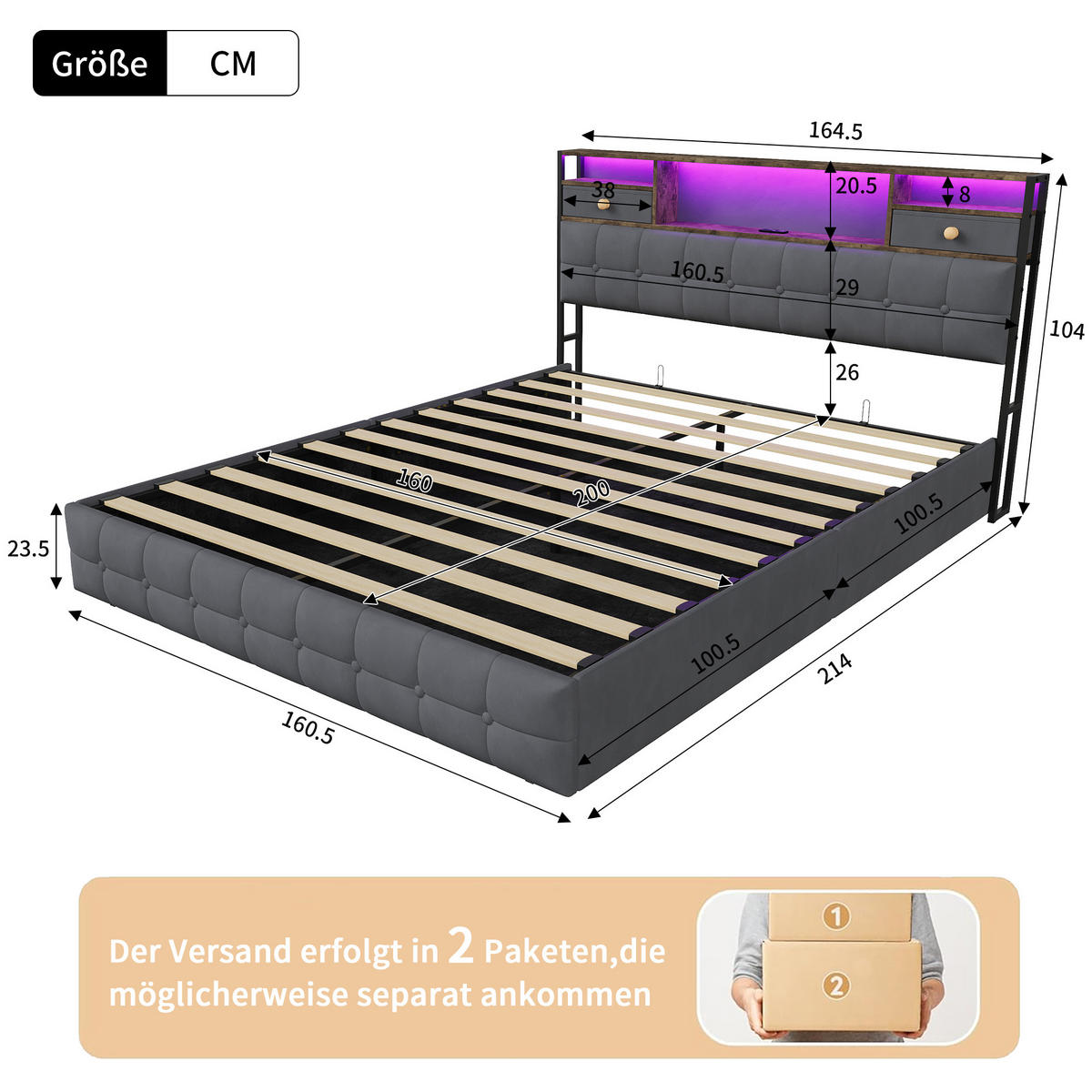 BETT 160x200 mit 2 Schubladen am Kopfteil, Hydraulik-Stauraum, LED und USB, Samt in Grau - Grau, Holz (160/200cm) - BRILVERDE