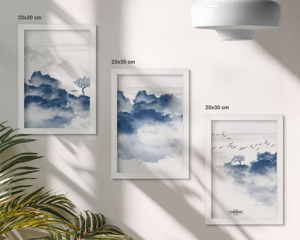 BILDER SET 3er Set - 20x30 cm Weißer Rahmen - Berge, Wolken, Bäume, Vögel - Weiß, Kunststoff (20/30cm) - TULUP