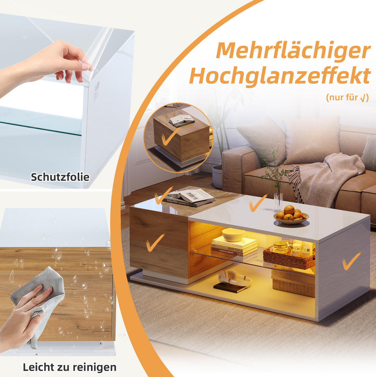 COUCHTISCH 105/50/36 cm mit LED-Beleuchtung, Stauraum und Hochglanzoberfläche, Weiß/Holzfarbe - Weiß, Holzwerkstoff (105/50/36cm) - Modfu