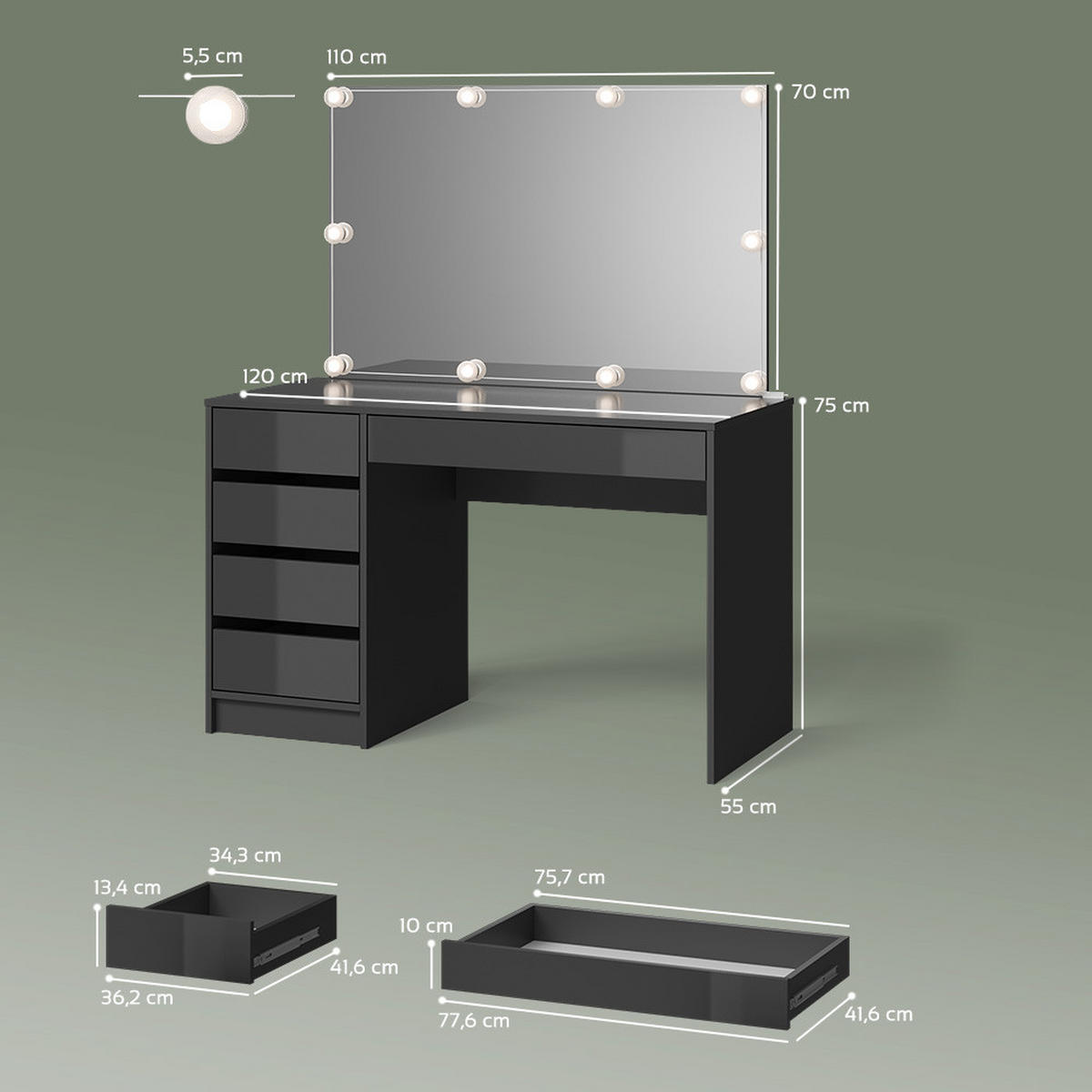 SCHMINKTISCH Imola Anthrazit 120 cm mit LED Beleuchtung - Anthrazit, Holzwerkstoff (120/75/55cm) - Livinity®