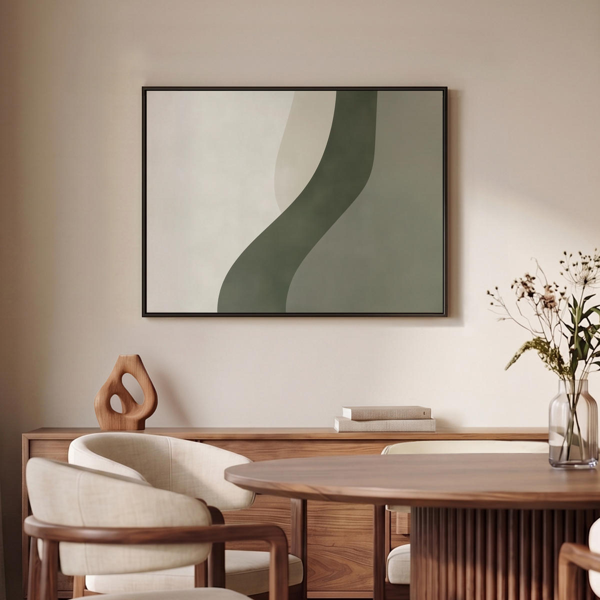 LEINWAND Bilder mit Rahmen - Japandi - Grün - Abstrakt - Modern - 80x60 - Salbeigrün, Textil (80/60cm) - MuchoWow