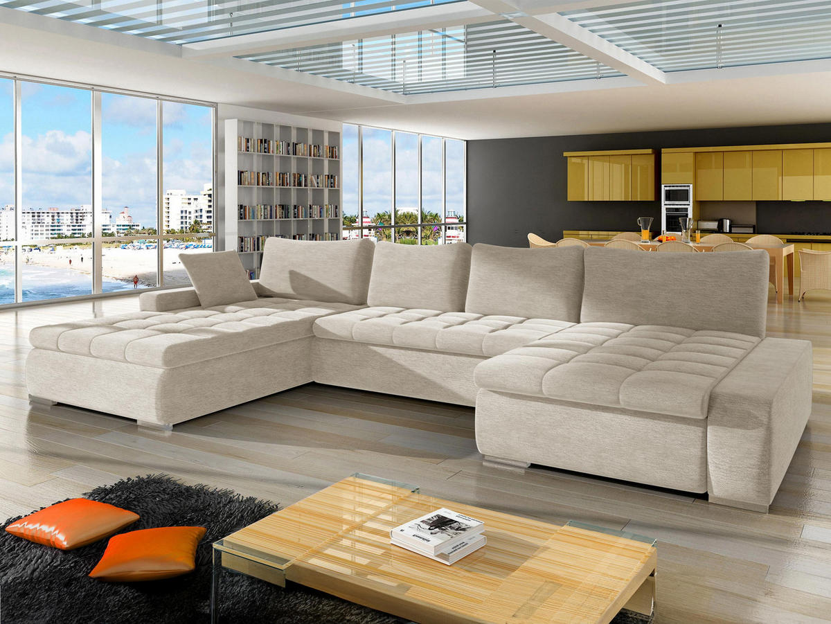 WOHNLANDSCHAFT Caro - Champagner/Silberfarben, Holz/Textil (394/80/213cm) - MIRJAN24