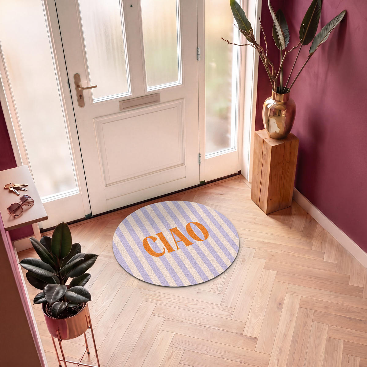 ROHOŽKA Ciao - Citát - Pastelové barvy - Pruhy 90x90 cm - šeříková, textil/umělá hmota (90/0.4cm) - MuchoWow