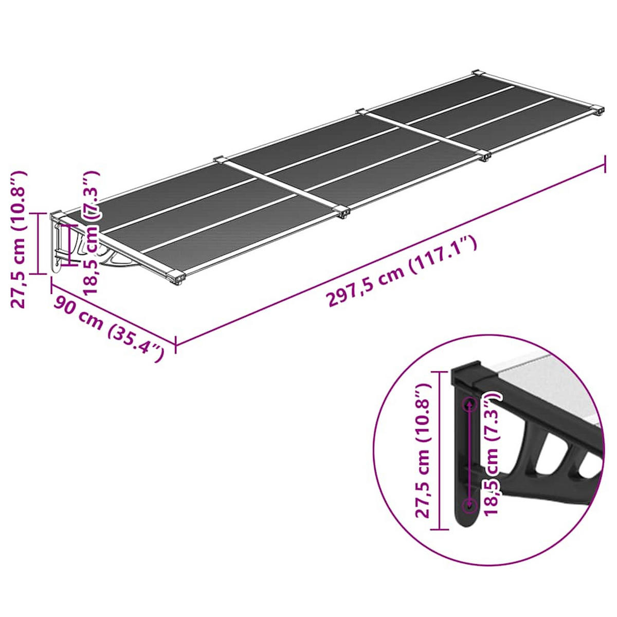 TÜRVORDACH Schwarz Und Transparent 297.5/90 Cm Polycarbonat - Transparent, Kunststoff (297.5/27.5/90cm) - vidaXL