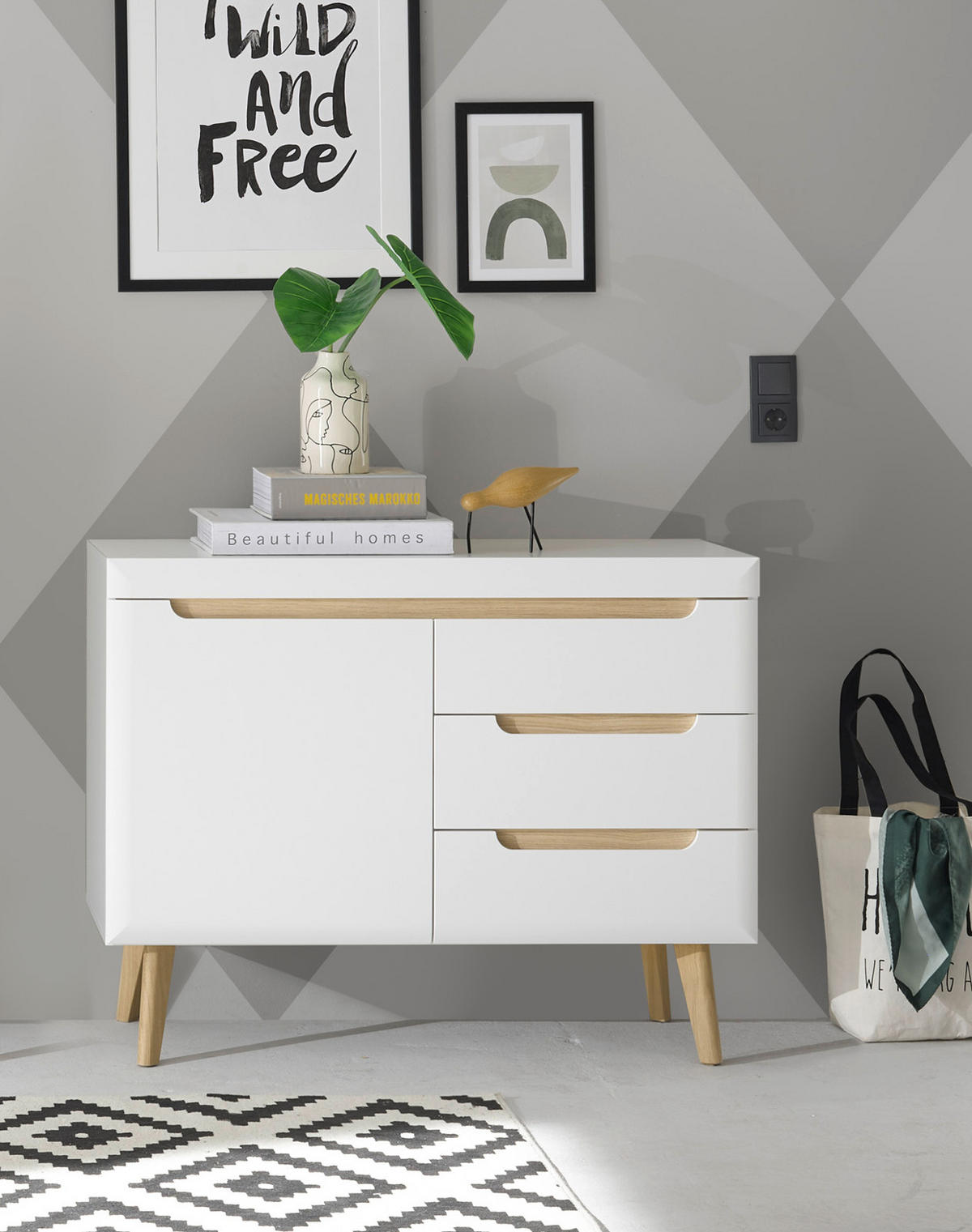 SIDEBOARD weiß, Eiche, skandinavisch 107 cm, Kommode mit Soft-Close-Funktion - Eichefarben/Weiß, Holz/Holzwerkstoff (107/83/40cm) - Furn.Design