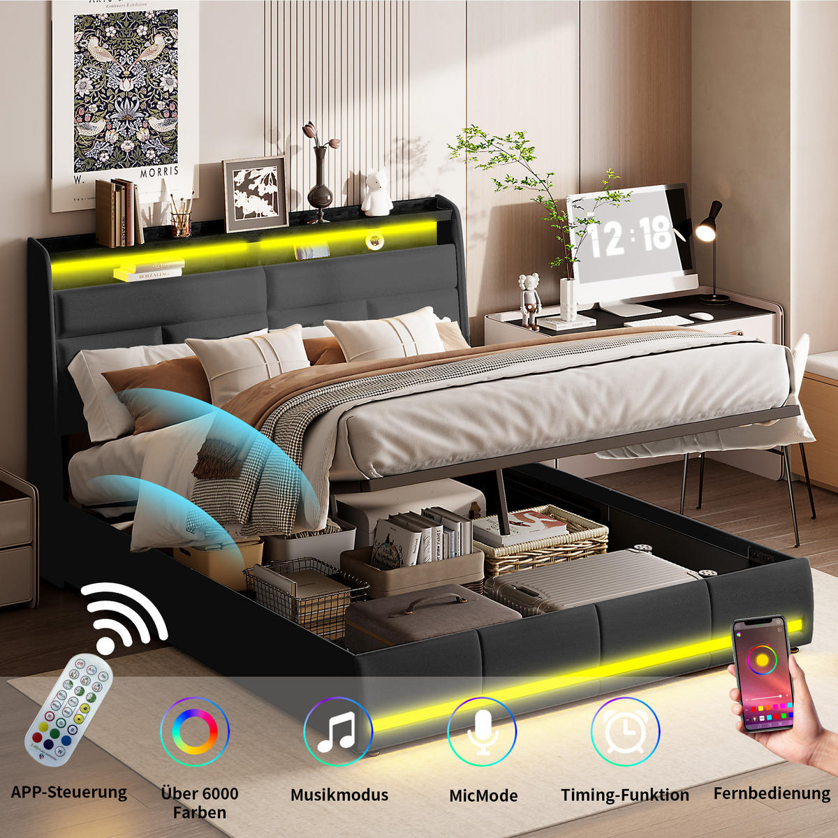POLSTERBETT 140/200 cm mit Ablagekopfteil, RGB-LED-Beleuchtung am Kopfteil und am Fußende, Lederlook-Bezug - Schwarz, Holz/Metall (140/200cm) - Joyfair