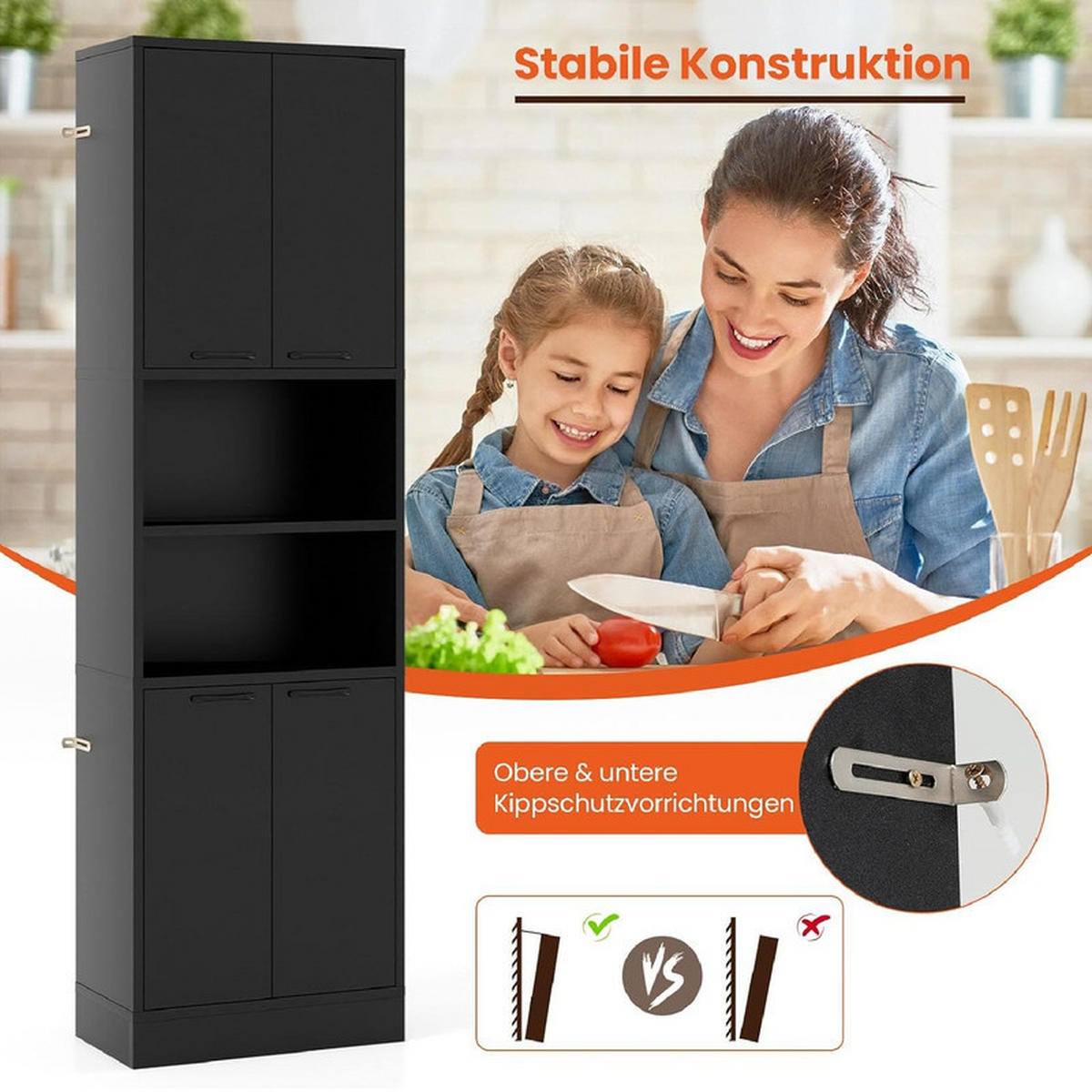 VORRATSSCHRANK mit Türen schwarz - Schwarz, Holzwerkstoff (56/190/30cm) - COSTWAY