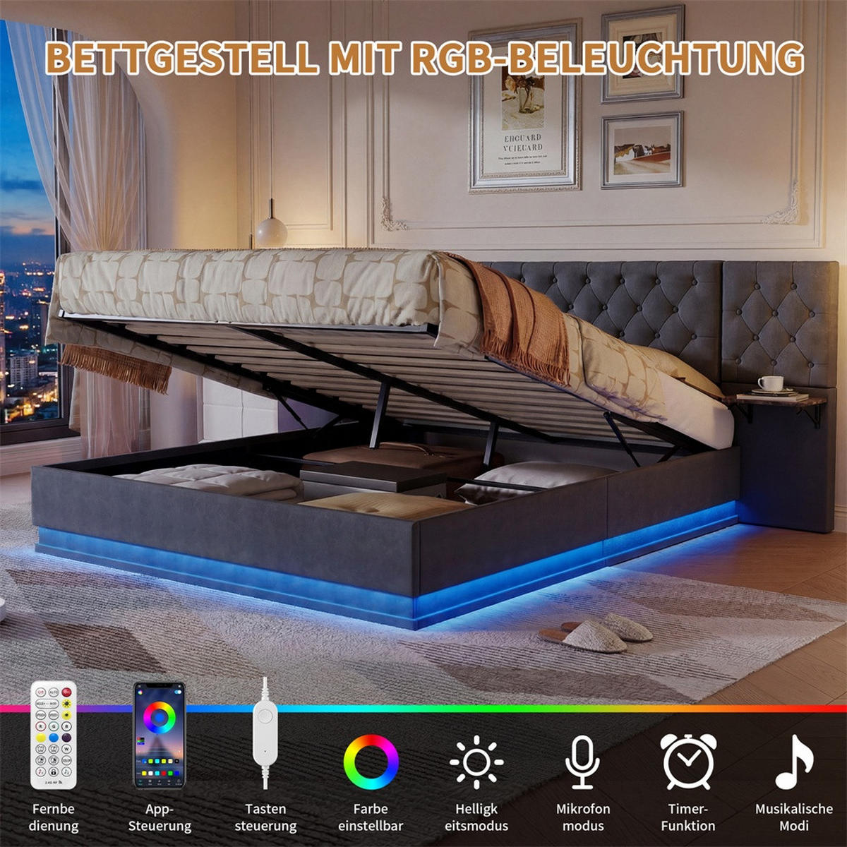 POLSTERBETT 160x200cm mit USB- & Type-C Ladeanschluss -Hydraulik-Stauraum und LED-Beleuchtung - Grau - Grau, Textil (160/200cm) - DELFA