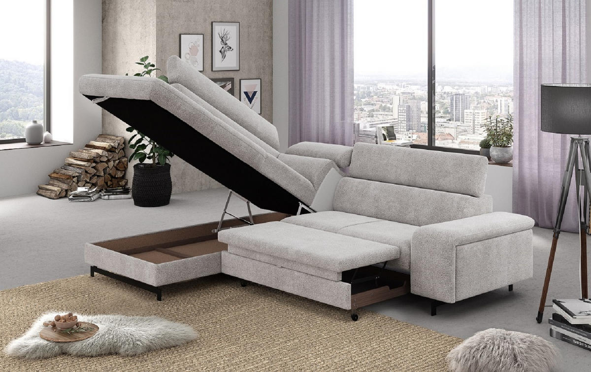 ECKSOFA mit Schlaffunktion und Bettkasten - Sandfarben/Schwarz, Kunststoff/Textil (262/215cm) - Cotta