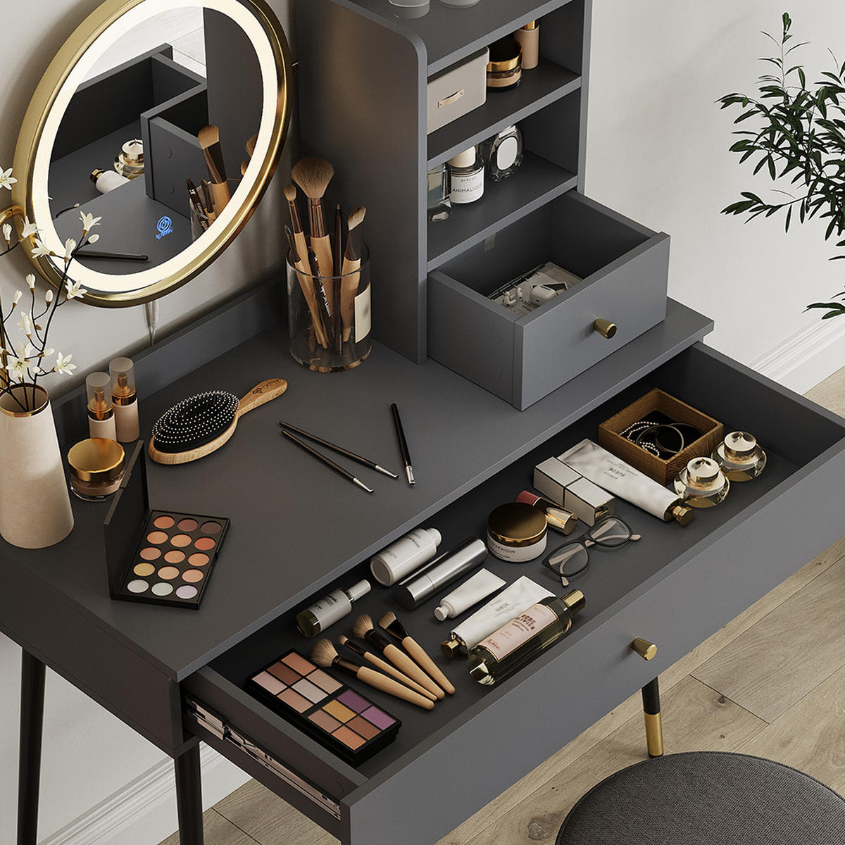 SCHMINKTISCH Mirela Grau 90 cm mit LED-Spiegel und Hocker - Grau, Holzwerkstoff (90/130/40cm) - Vicco