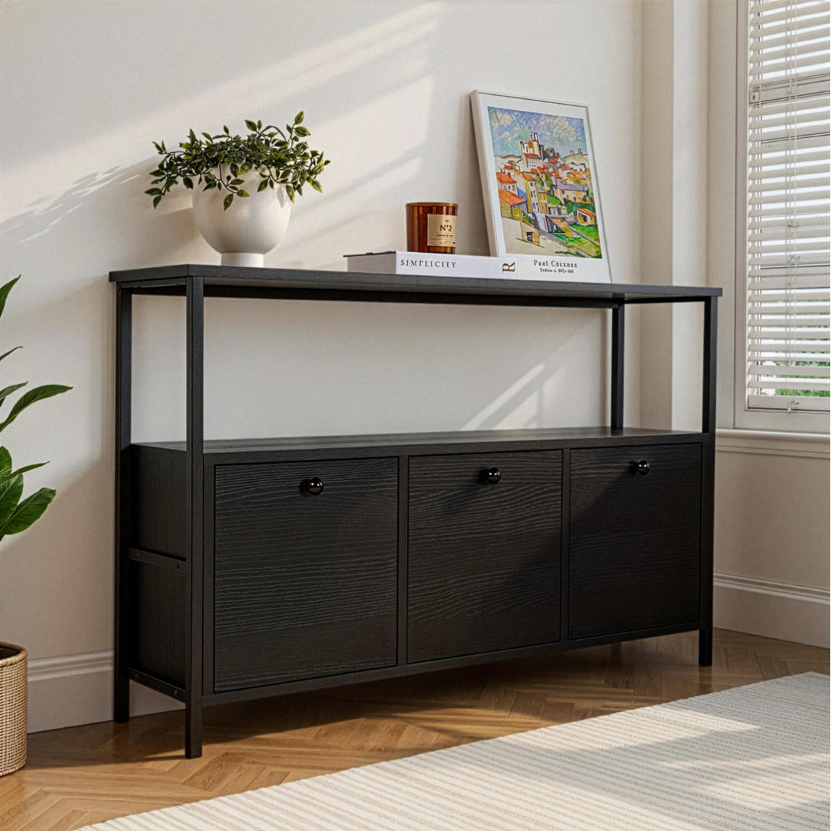 SIDEBOARD mit 3 Türen und 1 oberer Ablagefläche 120/29,5/77 cm - Schwarz, Holzwerkstoff (29.5/77/120cm) - Calicosy