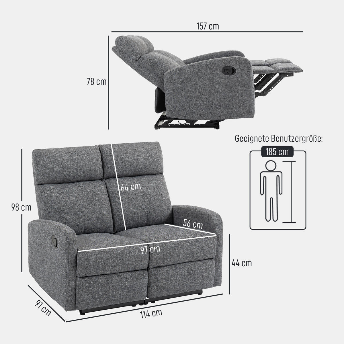 2-SITZER Relaxsessel Fernsehsessel Liegesessel mit Liegefunktion Chenille-Optik - Schwarz/Grau, Textil/Metall (91/98/114cm) - HOMCOM