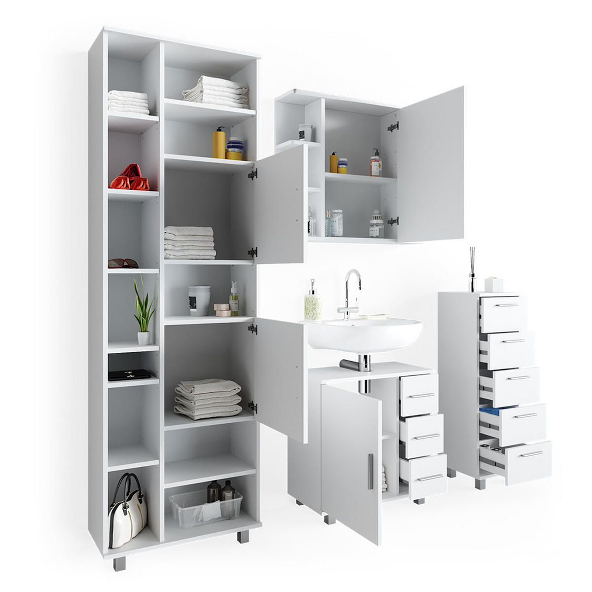 BADMÖBEL-SET Ilias Weiß 4 Teile, mit Hochschrank - Weiß, Holzwerkstoff (60/60/33cm) - Vicco