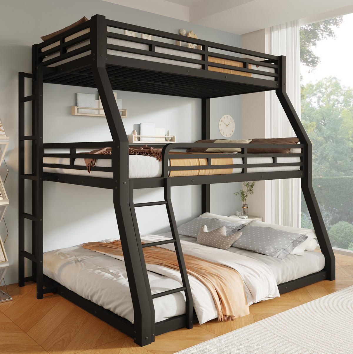 DREIFACH-ETAGENBETT aus Metall 90x200, 120x200 und 140x200 cm Schwarz mit 2 Leitern - Schwarz, Metall (90/200cm) - Modfu