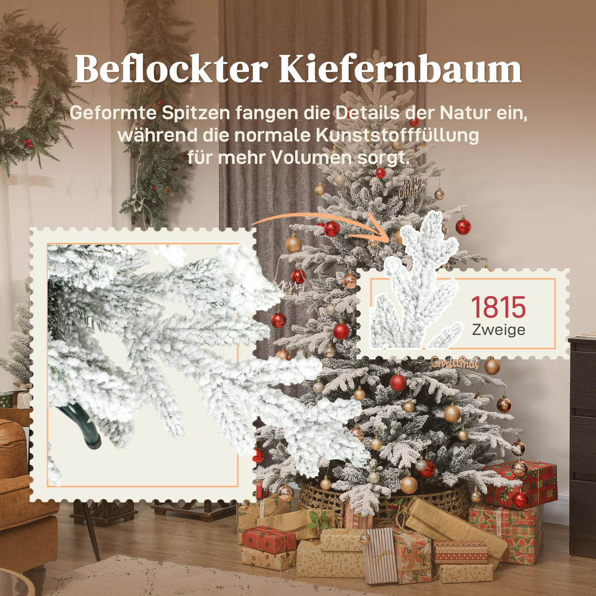 KÜNSTLICHER-WEIHNACHTSBAUM, 180cm Christbaum mit Schnee, 1815 Zweigen Grün - Grün, Kunststoff (180cm) - HOMCOM