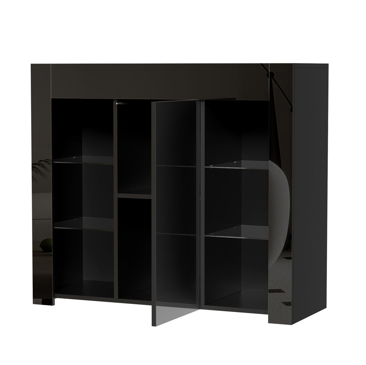 SIDEBOARD 95/35/83 cm aus Spanplatte mit Hochglanz-Front und Glasregalen Schwarz - Schwarz, Holzwerkstoff (95/83/35cm) - Modenvie