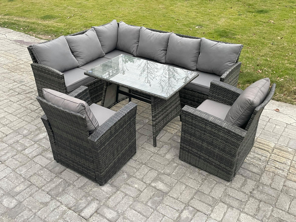 SITZGRUPPE mit Ecksofa,2 Stuhl Polyrattan Dunkelgrau 8-Sitzer - Dunkelgrau/Grau, Glas/Kunststoff - Fimous
