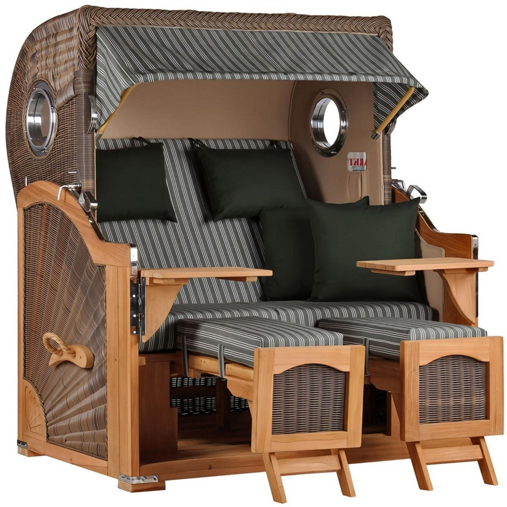 STRANDKORB Düne Grande Bullauge Teak PE Grey Dessin 504 - Braun/Grün, Metall (142/170/95cm) - Mr. Deko