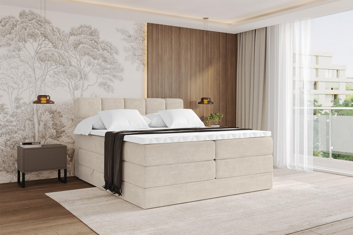 BOXBETT mit Matratze H3/H4 - FAMA KING - 160x200 cm Beige Monolith - Sahara, Holzwerkstoff (160/200cm) - ALTDECOR
