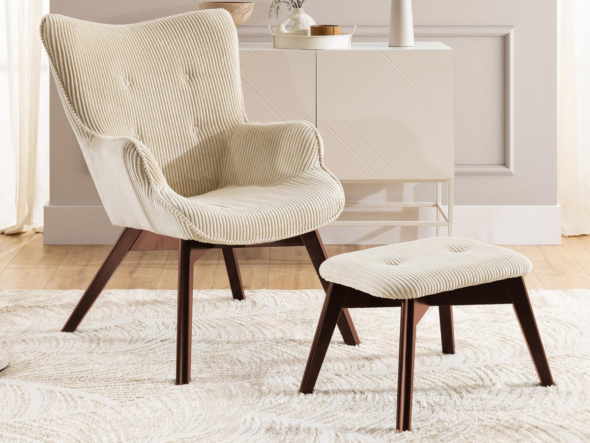 LOUNGESESSEL mit Fußhocker Lenari Beige Cordstoff mit Füßen in Braun - Beige/Braun, Holz/Textil (71/96/86cm) - S-Style Möbel
